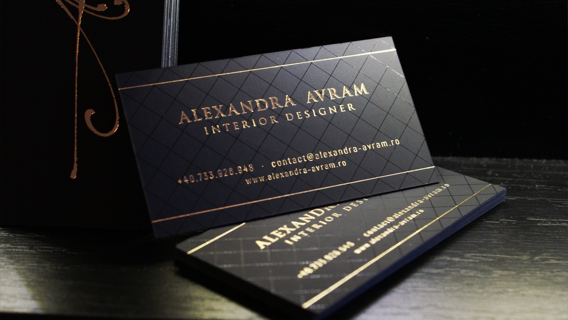 Premium business cards - black cardboard and gold text