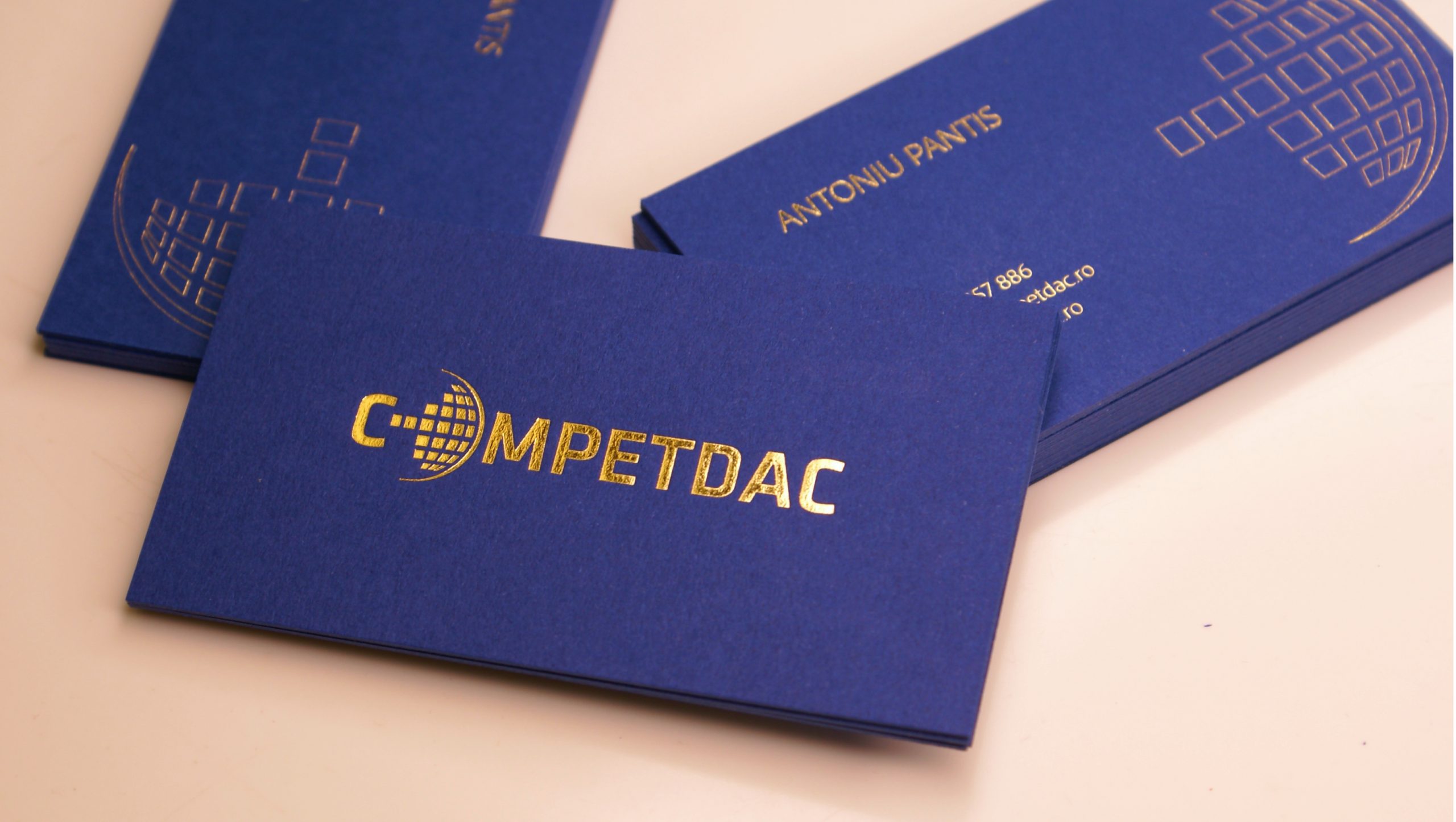 Premium business cards - blue cardboard and gold foil stamp