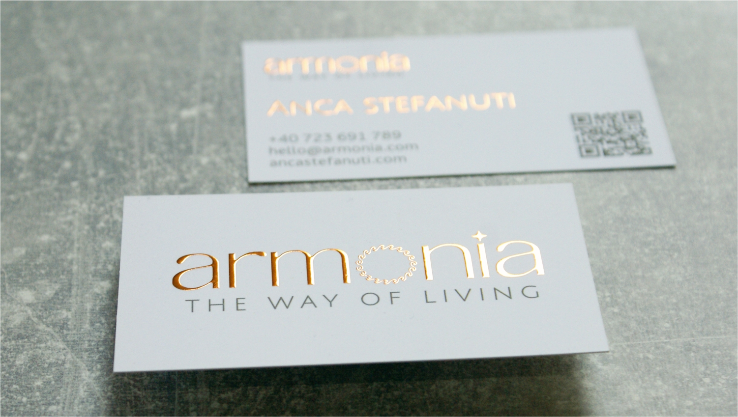 White luxury business cards - raised copper foil stamping