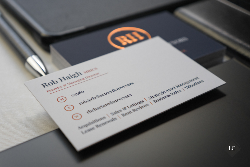 Luxury business cards London with embossed copper foil
