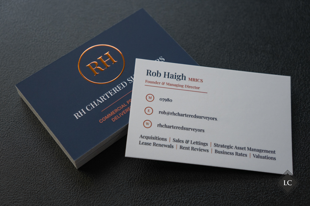 Soft touch premium business cards with embossed copper foil